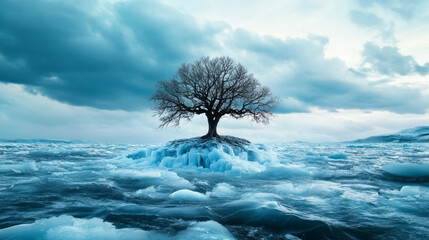 Wall Mural - Majestic oak tree standing tall on crumbling ice landscape, surrounded by icy waters and dramatic clouds, creating serene yet powerful atmosphere