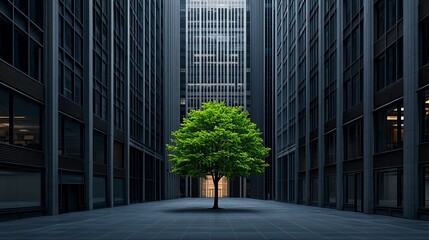 Wall Mural - social environment community well-being concept, a solitary green tree stands amidst towering dark b