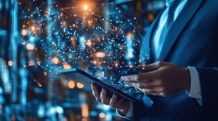 Poster - A businessman interacts with a digital tablet displaying a network of connections.