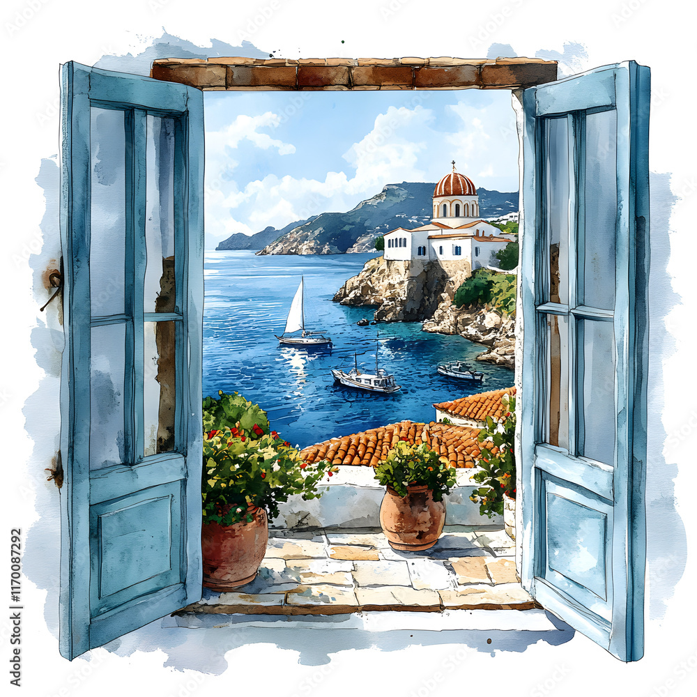 Window Frame Sceneic Picture Watercolor painting of a window frame with a scenic view of Greece ...
