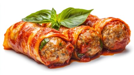 Canvas Print - Delicious Meatball Wraps with Fresh Basil and Tomato Sauce Isolated on White Background