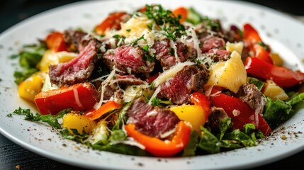 Wall Mural - Meat salad with grilled peppers cheese and fresh vegetables colorful presentation of a delicious gourmet dish