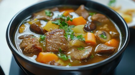 Wall Mural - Hearty meat soup with fresh vegetables and mushrooms in a rustic bowl garnished with herbs, perfect for comforting meals.