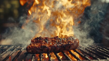 Wall Mural - Flame-grilled meat on the barbecue with smoke and fire creating an appetizing outdoor picnic atmosphere