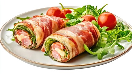 Wall Mural - Rolled meat roulade with cheese and ham served on a plate with fresh salad and cherry tomatoes garnishing the dish