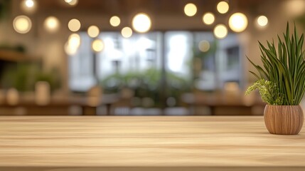 Wall Mural - blurred bokeh background with wooden table and potted plant for text placement in modern interior se