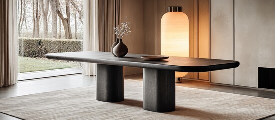 Wall Mural - minimalist muji style dining table with sleek lamp creating a serene and elegant atmosphere in moder