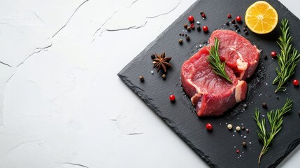 Wall Mural - Raw Beef Steak with Fresh Herbs and Spices on Slate Board with Lemon Slice Culinary Background for Cooking and Recipe Design