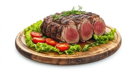 Poster - Roast shoulder of meat garnished with tomatoes chives and fresh lettuce presented on a rustic wooden platter isolated on white background