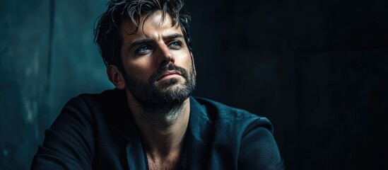 Stylish portrait of a thoughtful man with tousled hair against a dark background showcasing contemporary fashion and emotional expression.