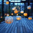 © Kan - Artistic pumpkin lanterns with surreal dreamscapes, illuminated softly in a whimsical setting.