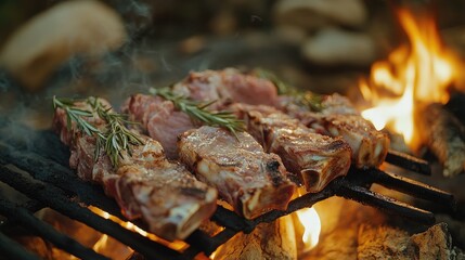 Wall Mural - Grilled meat with rosemary on a barbecue fire surrounded by stones and smoke in a natural outdoor setting