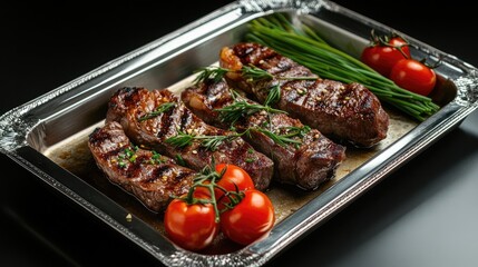 Wall Mural - Grilled beefsteak savory platter with hot peppers, tomatoes, and chives on a metal tray against a dark background.