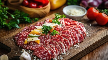 Wall Mural - Colorful meat salad with cheese and peppers arranged artistically on a wooden board surrounded by fresh vegetables and herbs