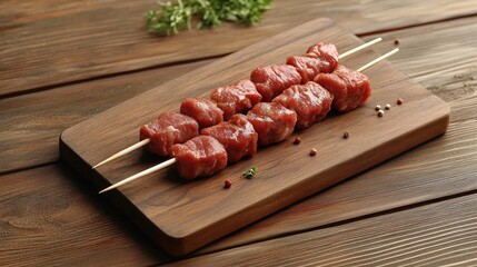 Poster - Raw meat skewers arranged on a wooden cutting board surrounded by herbs and spices on a rustic wooden table