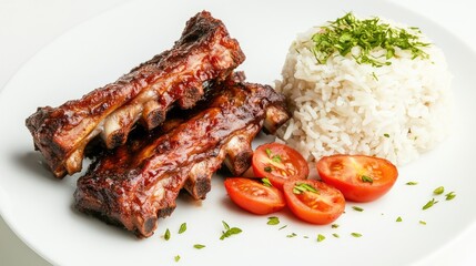 Wall Mural - Barbecued ribs served with fragrant rice and fresh tomatoes garnished with herbs on a white plate for delicious culinary presentation