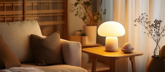 Wall Mural - cozy reading nook featuring a modern table lamp with cap lighting and serene decor elements for a wa