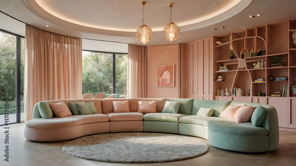 Modern living room featuring a curved sectional sofa and natural ...