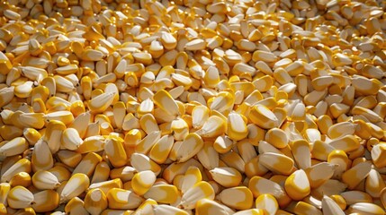 Wall Mural - Pile of yellow corn kernels with some white kernels mixed in. The yellow corn is scattered all over the pile, with some of them being larger than others