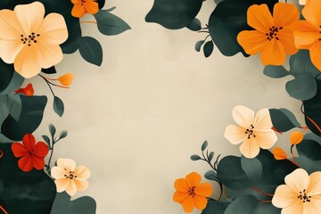 Wall Mural - flowery border with a yellow and orange flower in the center. the flowers are drawn in a very detail