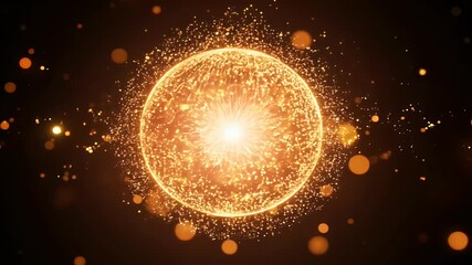 Sticker - An electrifying orb glowing orange yellow particles bursts energy creating magical starry display dark background 4K