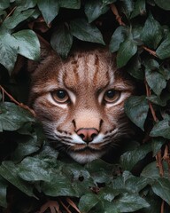 Sticker - Close-up of a lynx hidden in green leaves