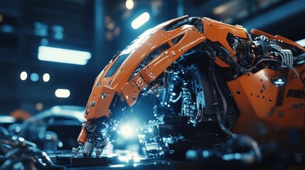 Leinwandbilder - A close-up of a futuristic robotic arm in a workshop, showcasing advanced technology and design.