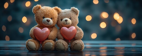 Wall Mural - Teddy Bear Love: Two adorable teddy bears holding hearts, symbolizing love, friendship, and togetherness. The warm glow of bokeh lights in the background creates a romantic and tender atmosphere. 