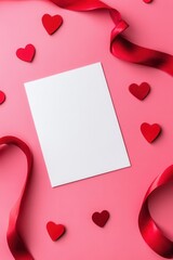 love letter mockup: a blank card on a blush pink background, adorned with scattered red hearts and e