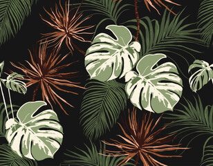 Wall Mural - seamless palm tree leaves pattern on black  background