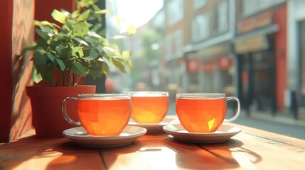 Wall Mural - Three cups of tea on a wooden table by a window overlooking a city street.