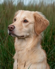 Sticker - Adorable golden retriever puppy in tall grass