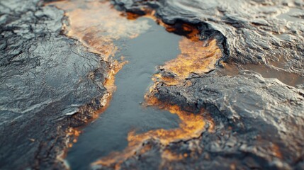 Poster - A close-up of dark, textured surface with glowing orange highlights, resembling molten lava.