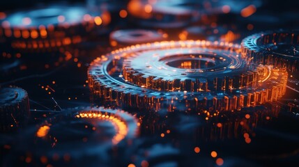 Aufkleber - A close-up view of glowing gears and mechanical components in a futuristic setting.