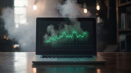 Canvas Print - A laptop displays a green stock market graph with smoke in the background, suggesting a dynamic business environment.