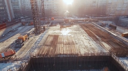 Aufkleber - A construction site with rebar framework and machinery under sunlight.