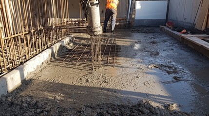 Aufkleber - A construction worker pours concrete on a building site, reinforcing the foundation.