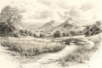 Idyllic pencil sketch of a tranquil countryside scene with a stone bridge, river, and rolling hills.