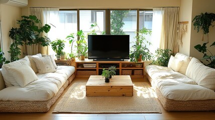 Wall Mural - Cozy living room with plants and comfortable seating.