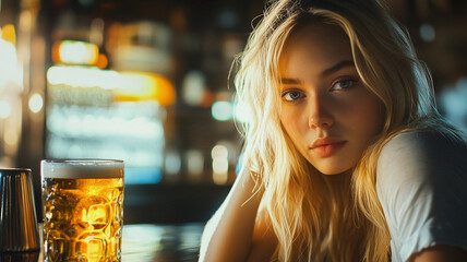 Wall Mural - Reflection of pretty girl in the glass of a beer glass, cinematic lighting, bar background, golden hour light