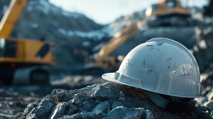 mining helmet rests on rocks; excavators work, mountains background; safety
