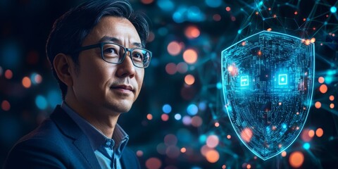 Poster - Confident Middle-Aged Man with Cyber Shield in Digital Data Environment