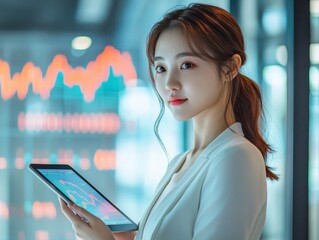 Poster - Korean Woman Analyzing Stock Trends on Tablet in Modern Financial Setting