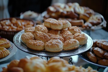 Wall Mural - Table full of food, including a tray of pastries. Scene is inviting and delicious