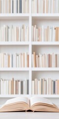Poster - Minimalist Library with Open Book and Neutral Toned Bookshelves