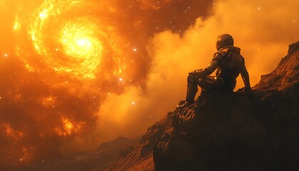 Wall Mural - astronaut gazes at a swirling galaxy amidst a dramatic cosmic landscape.