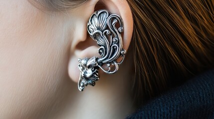 Wall Mural - Silver Ear Cuff: Elegant Vintage Jewelry Design