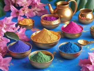 Wall Mural - Table with a variety of colorful bowls of spices and a teapot. Scene is vibrant and lively, with the spices and flowers creating a sense of warmth and energy
