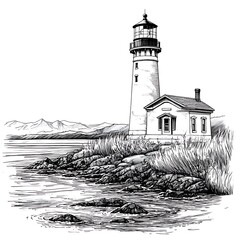 Wall Mural - A Dramatic Black and White Ink Drawing of a Coastal Lighthouse on Rocky Shores.