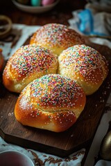 Wall Mural - Plate of four decorated pastries with colorful sprinkles on top. The pastries are arranged on a wooden cutting board